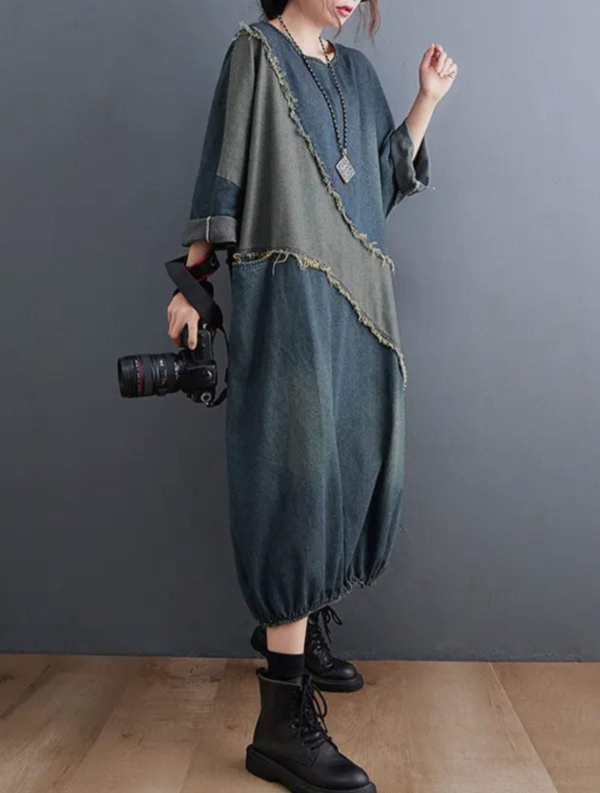 Loose Denim Contrast Midi Dress