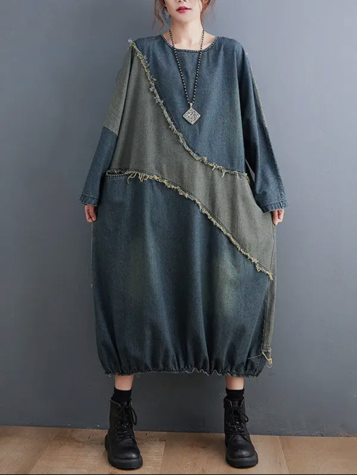 Loose Denim Contrast Midi Dress